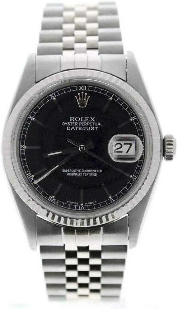 Rolex Men's Datejust 16014 Jubilee Band Black Roman Dial 18k Gold Fluted Bezel