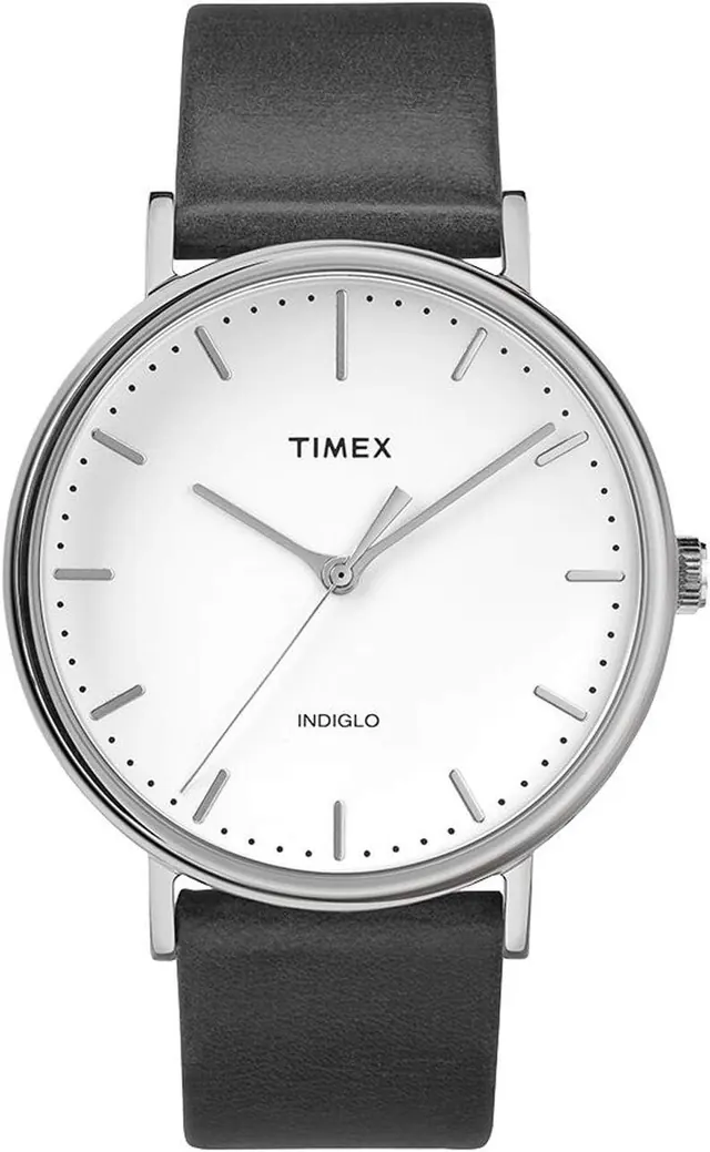 Timex Men's Fairfield 41mm Watch – Silver-Tone & White with Black Leather Strap
