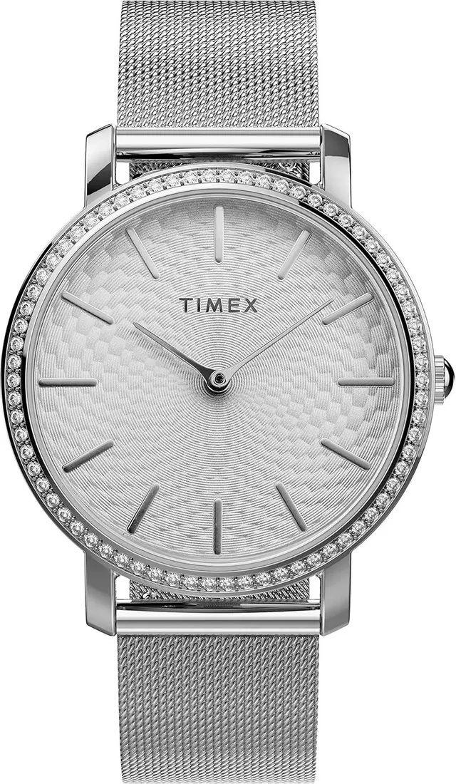 Timex 34 mm Transcend with Crystals 3-Hand Mesh Band Watch Silver