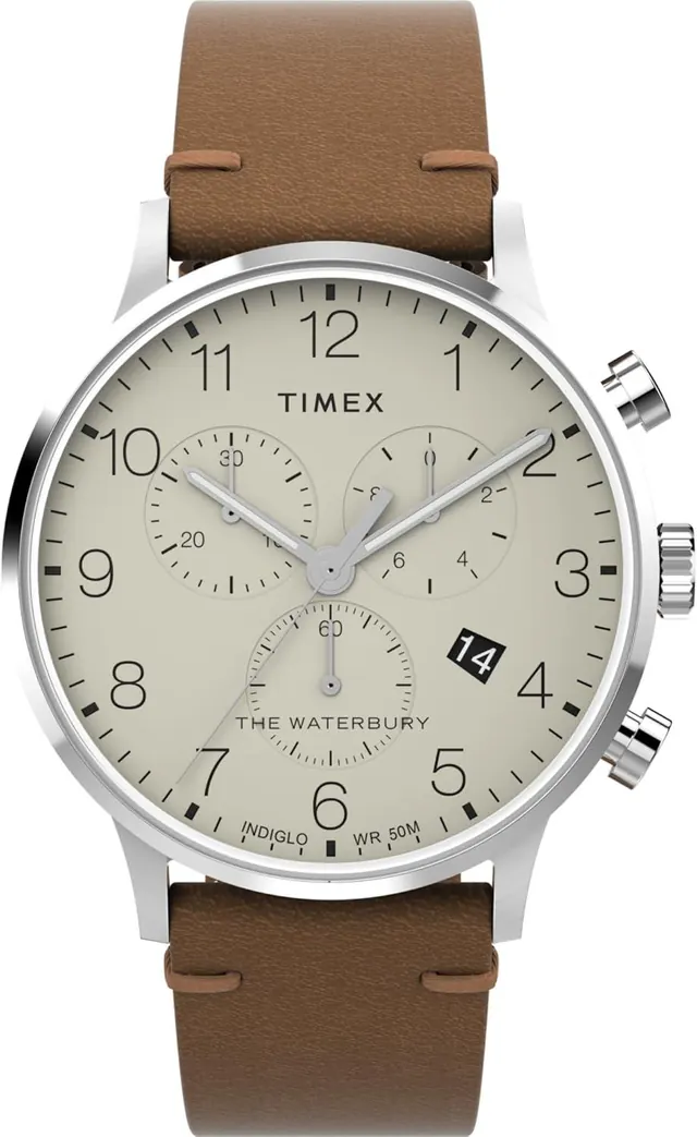 Timex Men's Waterbury Classic 40mm Watch - Brown Strap Cream Dial Stainless Steel Case