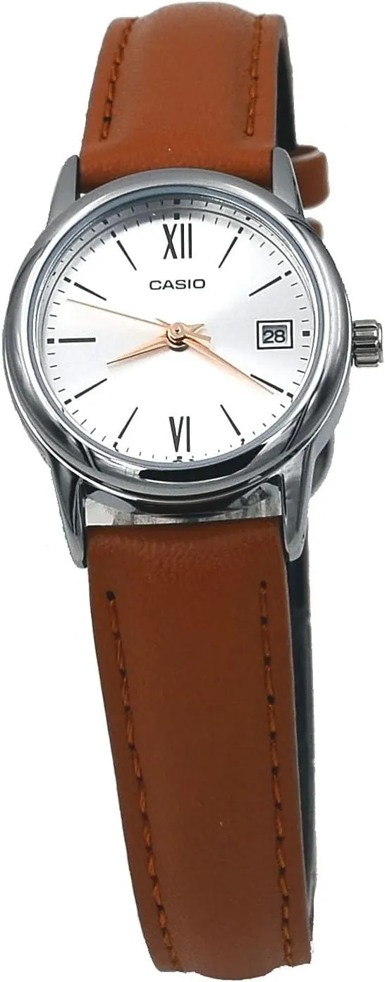 Casio LTP-V002L-7B3 Women's Standard Analog Brown Leather Band Silver Dial Date Watch