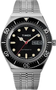 Timex Men's M79 Automatic 40mm Watch – Silver-Tone Case Black Dial & Top Ring with Stainless Steel Bracelet
