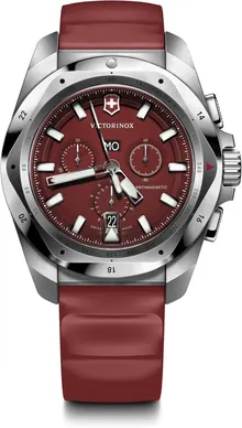 Victorinox I.N.O.X. Chrono 43mm Men's Watch - Silver Stainless Steel Case, Red Dial, and Red Rubber Strap