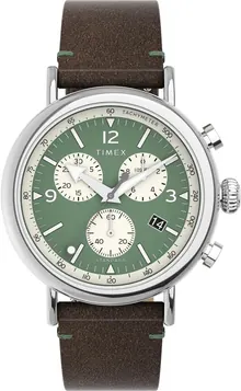 Timex Men's Standard Chronograph 41mm Watch - Brown Strap Green Dial Silver-Tone Case
