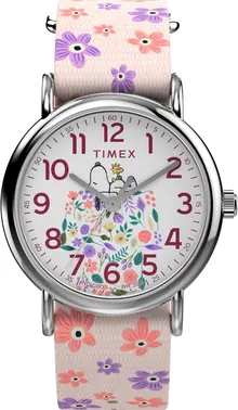 Timex Women's Peanuts Floral 38mm Watch - Pink Strap White Dial Silver-Tone Case