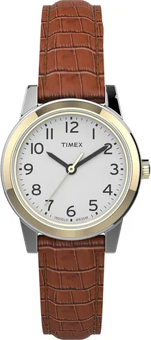 Timex Women's Essex Avenue 25mm Watch – Two-Tone Case White Dial with Brown Leather Strap