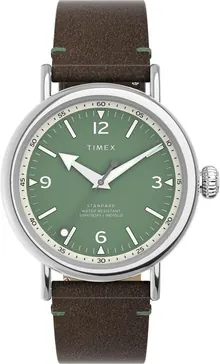 Timex Men's Standard 40mm Watch - Brown Strap Green Dial Silver-Tone Case