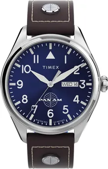Timex Men's X Pan Am Day-Date 42mm Watch - Brown Strap Blue Dial