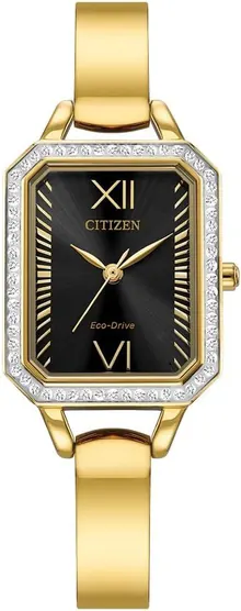 Citizen Women's Eco-Drive Dress Classic Crystal Watch in Gold-tone Stainless Steel, Black Dial
