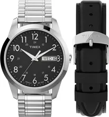 Timex Men's South Street Sport 36mm Watch Box Set – Silver-Tone Case Black Dial with Silver-Tone Expansion Band + Black Leather Strap