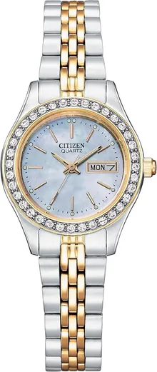 Citizen Ladies' Quartz Dress Bracelet Watch with Crystals, Two-Tone Gold and Day Date