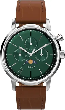 Timex Men's Marlin Moon Phase 40mm Watch - Brown Strap Green Dial Stainless Steel Case