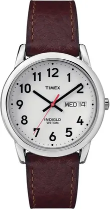Timex Men's Easy Reader 35mm Day-Date Watch – Silver-Tone Case White Dial with Dark Brown Leather Strap