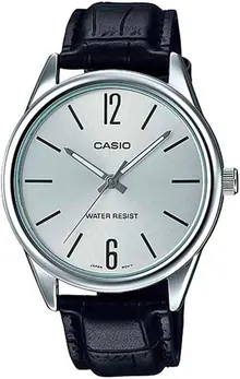 Casio #MTP-V005L-7B Men's Standard Analog Black Leather Band Silver Dial Watch