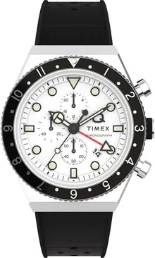 Timex Men's Q Chronograph 40mm Watch - Black Strap White Dial Stainless Steel Case
