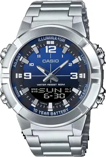 Casio AMW870DA-2A1V Men's Stainless Steel Blue Dial Analog Digital Dual Time Zone Watch