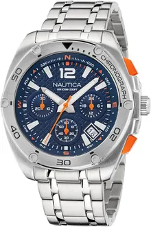 Nautica Men's Tin Can Bay Chrono Stainless Steel Bracelet and Blue Silicone Strap Watch