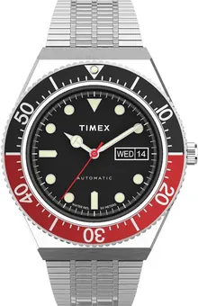 Timex Men's M79 Automatic 40mm Watch – Silver-Tone Case Black Dial Red/Black Top Ring with Stainless Steel Bracelet