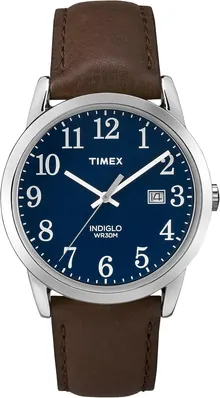 Timex Men's Easy Reader 38mm Watch – Silver-Tone Case Blue Dial with Brown Leather Strap