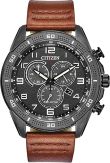 Citizen Men's Eco-Drive Weekender Chronograph Watch in Black IP Stainless Steel with Brown Leather Strap