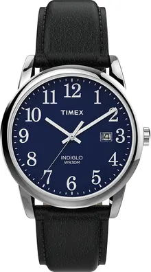 Timex Men's Easy Reader 38mm Watch – Silver-Tone Case Blue Dial with Black Leather Strap