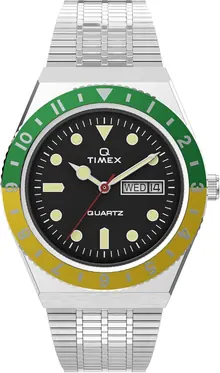 Timex Q Men's 38mm Watch – Silver-Tone Case Green/Yellow Top Ring