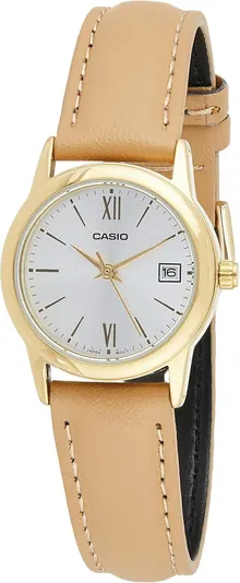 Casio LTP-V002GL-7B3 Women's Gold Tone Brown Leather Band Silver Date Dial Watch