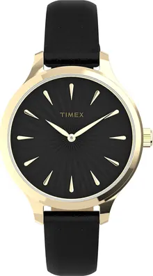 Timex Women's Peyton 36mm Watch – Gold-Tone Case Black Dial with Black Genuine Leather Strap