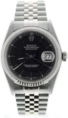 Rolex Men's Datejust 16014 Jubilee Band Black Roman Dial 18k Gold Fluted Bezel