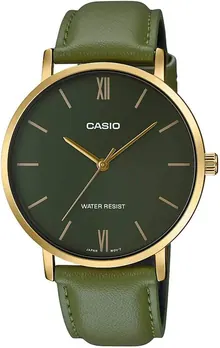 Casio MTP-VT01GL-3B Men's Minimalistic Gold Tone Green Leather Band Watch