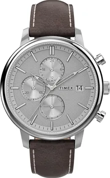 Timex Men's Chicago Chronograph 45mm Watch – Silver-Tone Dial & Case with Dark Brown Leather Strap