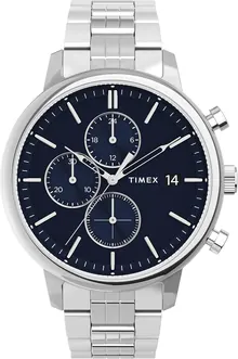 Timex Men's Chicago Chronograph 45mm Watch – Silver-Tone Case Blue Dial