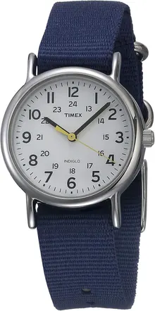 Timex Women's Weekender 31mm Watch – Silver-Tone Case White Dial with Blue Fabric Strap