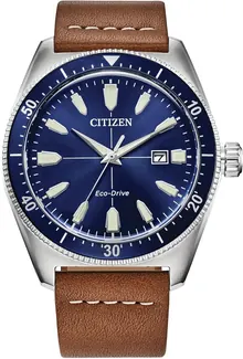 Citizen Eco-Drive Men's Sport Casual Brycen Watch - Brown Leather Strap, Blue Dial
