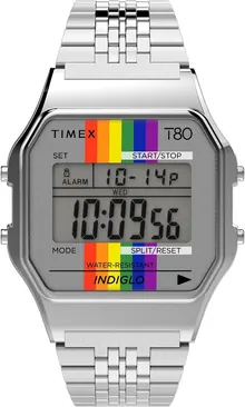 Timex T80 34mm Watch – Silver-Tone with Pride Rainbow & Stainless Steel Bracelet