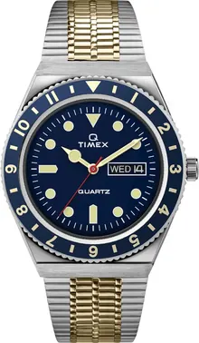 Timex Q Men's 38mm Watch – Two-Tone Case Blue Dial & Top Ring