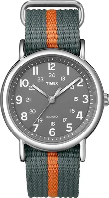 Timex Unisex Weekender 38mm Watch – Silver-Tone Case Gray Dial with Gray & Orange Fabric Slip-Thru Strap