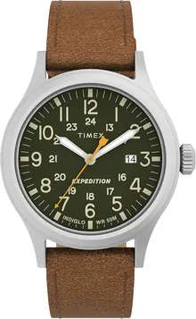 Timex Men's Expedition Scout 40mm Watch – Silver-Tone Case Green Dial with Brown Leather Strap