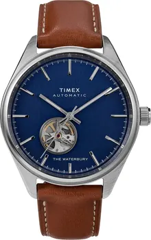 Timex Men's Waterbury Traditional Automatic 42mm Watch – Stainless Steel Case Blue Dial & with Brown Genuine Leather Strap