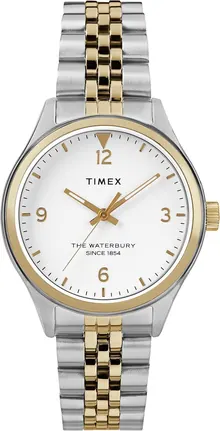 Timex Women's Waterbury Traditional 34mm Watch – Two-Tone Case White Dial with Two-Tone Stainless Steel Bracelet