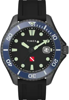 Timex Automatic Men Analogue Watch with Rubber Strap Tiburón, Black, TW2W21100
