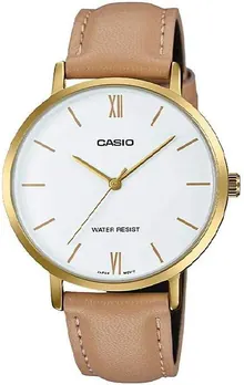 Casio LTP-VT01GL-7B Women's Minimalistic Gold Tone Brown Leather Band White Dial 3-Hand Analog Watch