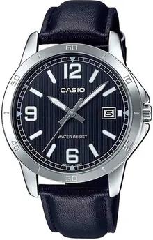 Casio MTP-V004L-1B Men's Stainless Steel Black Leather Band Black Dial Date Watch