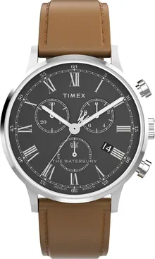 Timex Men's Waterbury Classic 40mm Watch - Brown Strap Black Dial Stainless Steel Case