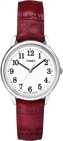 Timex Women's Easy Reader 30mm Watch – Silver-Tone Case with Red Leather Strap