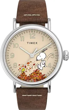 Timex x Peanuts Men's Standard 40mm Watch – Fall Silver-Tone Case Beige Dial with Tan Genuine Leather Strap