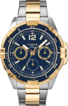 Timex Men's Dress Analog 45mm Stainless Steel Multifunction Bracelet Watch, Two-Tone/Blue