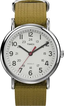 Timex Unisex Weekender 38mm Watch – Silver-Tone Case White Dial with Olive Fabric Slip-Thru Strap
