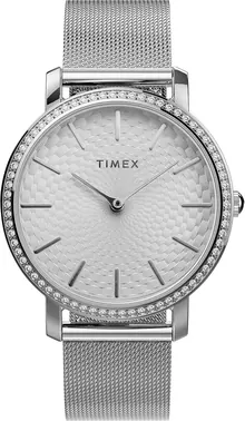 Timex 34 mm Transcend with Crystals 3-Hand Mesh Band Watch Silver