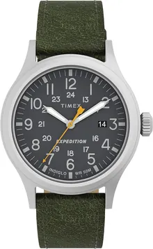 Timex Men's Expedition Scout 40mm Watch – Silver-Tone Case, Black Dial, Green Leather Strap